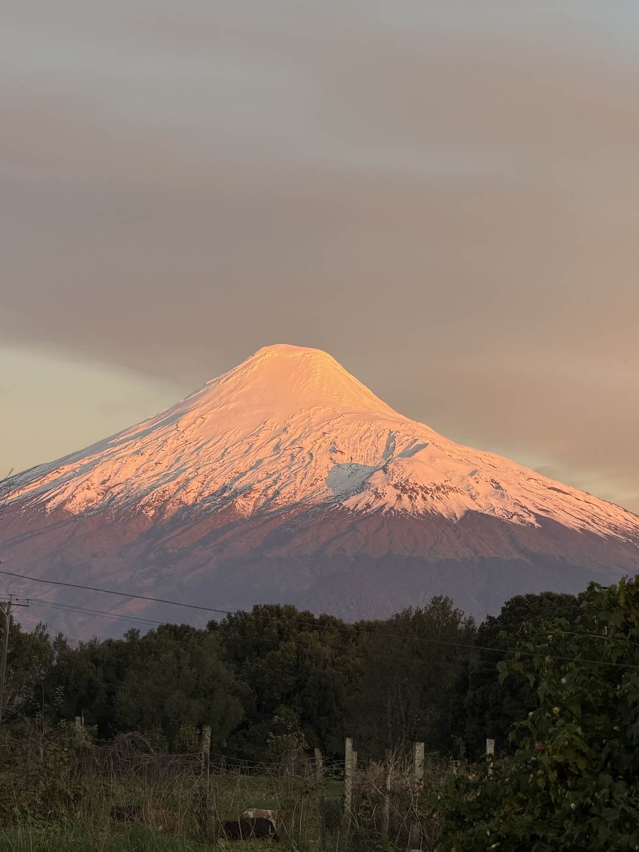 El volcán Osorno encendido de rosado al atardecer